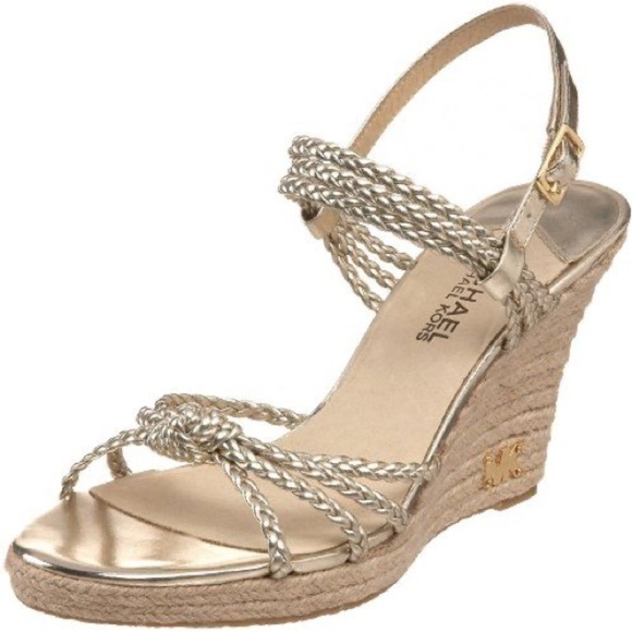 Michael Kors gold Palm Beach strappy espadrilles wedge sandals - size 10 NWT - Picture 1 of 5